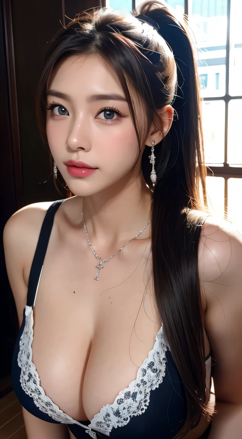 Beautiful city college girl、masterpiece、light makeup、Red lips、Silver Hair、Disheveled long hair、Background of the cityscape、beautiful、elegant。 Extremely fine detail、Master Works、Authentic texture、Realism in film lighting、Perfect job、16k、HD、exquisite features、blue eyes、Japanese Idols、Beautiful face、Cute smile、brown hair、Beautiful Hair、ponytail、glamorous、Big Breasts、big breasts、Big Tits、 Erect nipples、Greasy muscles、Glowing Skin、Sunburn、Shining Brown Skin、Wearing a sexy camisole、from the front、bright big eyes、Smooth skin、Earrings、necklace、Tattoo