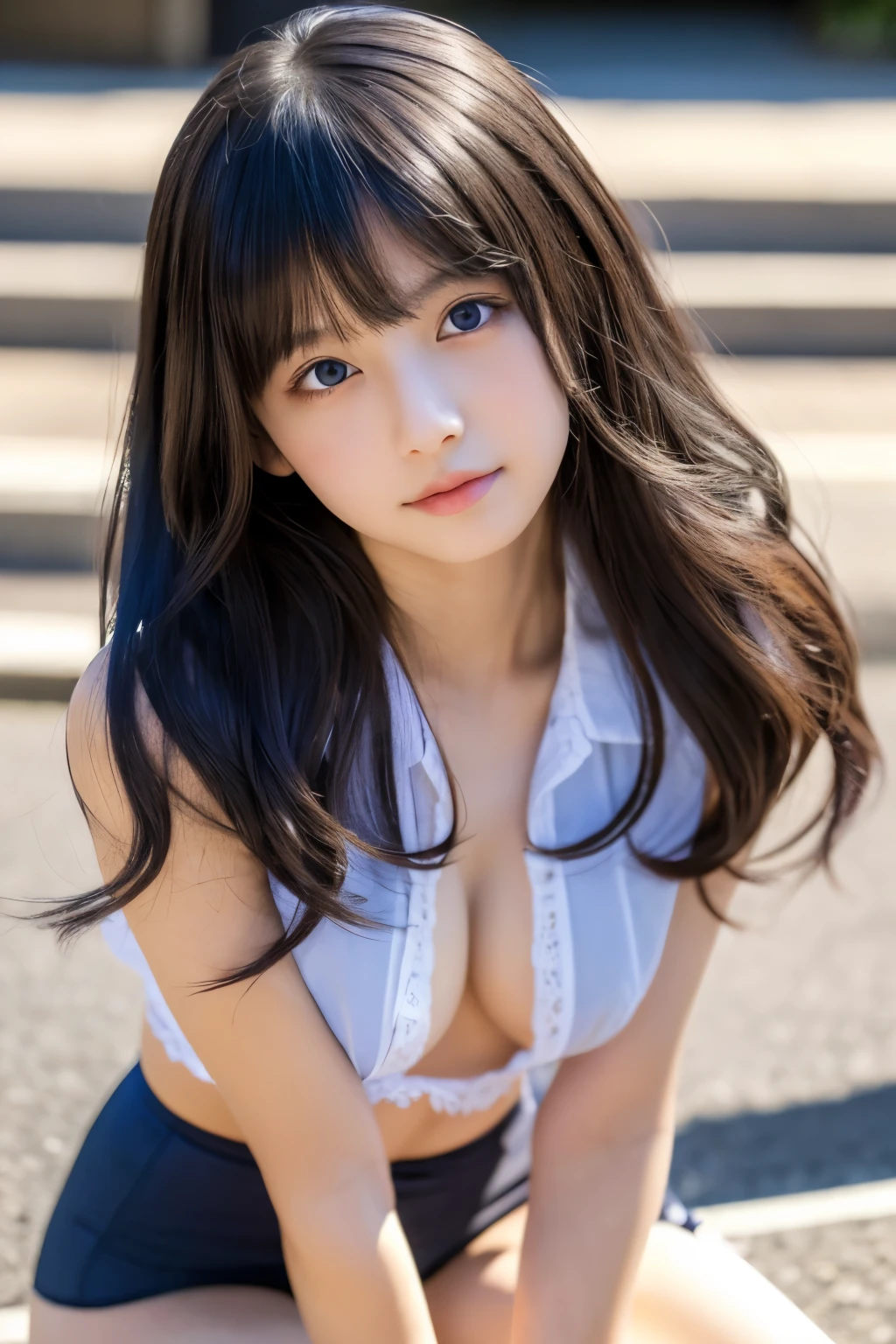 (((32k,High detail,High Detail、masterpiece,Attention to detail,Whole Body Ezbian,solo))),RAW Photos & Realistic atmosphere,Beautiful dark blue eyes,Mouth details,glossy lips,Fine eyebrows,With soft white skin that shines in every detail、Detailed eyes、Dark brown eyes,Very beautiful eyes,Detailed lips、Very beautiful face,Very well-formed face、A vivid face,Beautiful, shining lips, photo realistic, realistic young gravure idol, Very beautiful school girl, , Young Sensual Gravure Idol, Young and slim gravure idol, Beautiful and cute14age, ((Japanese))、Cute Korean idol style,Black Hair,(gothic ta),sexy lingerie set, panty shot,day light、Sidewalks in the city、Standing on the sidewalk,woman posing for a photo,(spread legs),(no under hair),(14years old),(girl),solo,short cut,Short Hair,boldly spread legs、thighs spread to the left and right,(looking at viewer),flat chest,Narrow waist,Low heels,full body,bottomless