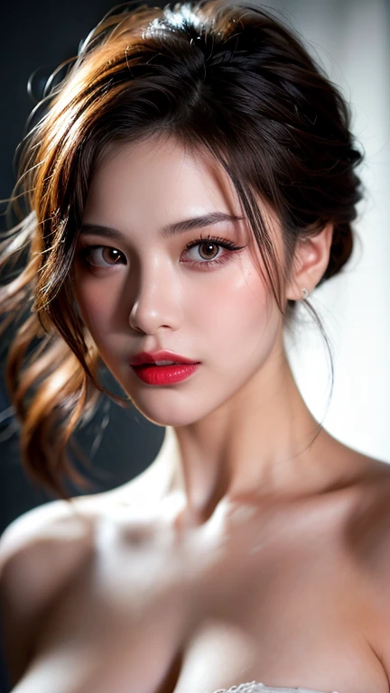 (8ก, Highest quality: 1.2), Extremely detailed, thorough resolution, (realistic, realistic photo: 1.37), Portrait, high definition RAW color photograph, professionally arrested, high definition and beautiful, high definition, 8ก Image wallpaper, Amazing details, Big file size, highly detailed beautiful girl, Extremely detailed face, Finely defined eyes, The skin has a fine texture., Every feature is meticulously displayed., The fingers were neatly outlined., The nose has a precise shape., expressive lips red lipstick , perfect anatomy, background is not blurred, one story, (20:1.2), Twenty generations, cute girl, realistic