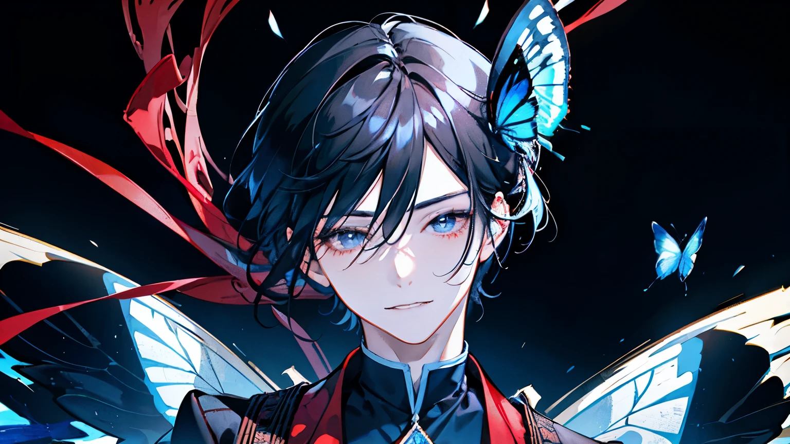 A boy about 16 years old,Red, white and black costume reminiscent of ancient Chinese priests,((Crystal blue butterfly々)),Long black hair,Hair tied to one side,smile,A fantastic atmosphere,(Starlight Background),((Face angle from the front))