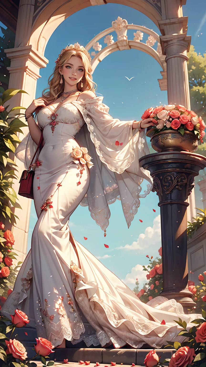 (highest quality, High resolution, masterpiece :1.3), 25-year-old Caucasian female、Platinum Blonde、blue eyes、Semi-long hair、My hair is wavy、smile、Slim figure、Large chest、I'm wearing earrings、I'm wearing a necklace、Wearing accessories on wrists and ankles、I'm wearing a ring、I want my head to stay off screen、Wearing red nail polish、I have a peticure、smile、I'm wearing high heels、Wearing a lace choker、wearing a mermaid dress、I'm in a garden with an arch and roses blooming、The arch is covered with roses、Behind the arch is a clear blue sky、Low-angle camera angle