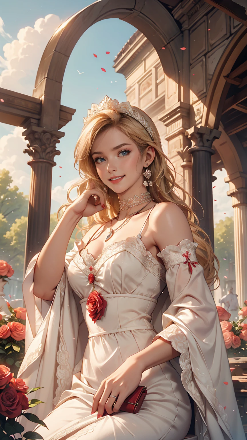 (highest quality, High resolution, masterpiece :1.3), 25-year-old Caucasian female、Platinum Blonde、blue eyes、Semi-long hair、My hair is wavy、smile、Slim figure、Large chest、I'm wearing earrings、I'm wearing a necklace、Wearing accessories on wrists and ankles、I'm wearing a ring、I want my head to stay off screen、Wearing red nail polish、I have a peticure、smile、I'm wearing high heels、Wearing a lace choker、wearing a mermaid dress、I'm in a garden with an arch and roses blooming、The arch is covered with roses、Behind the arch is a clear blue sky、Low-angle camera angle