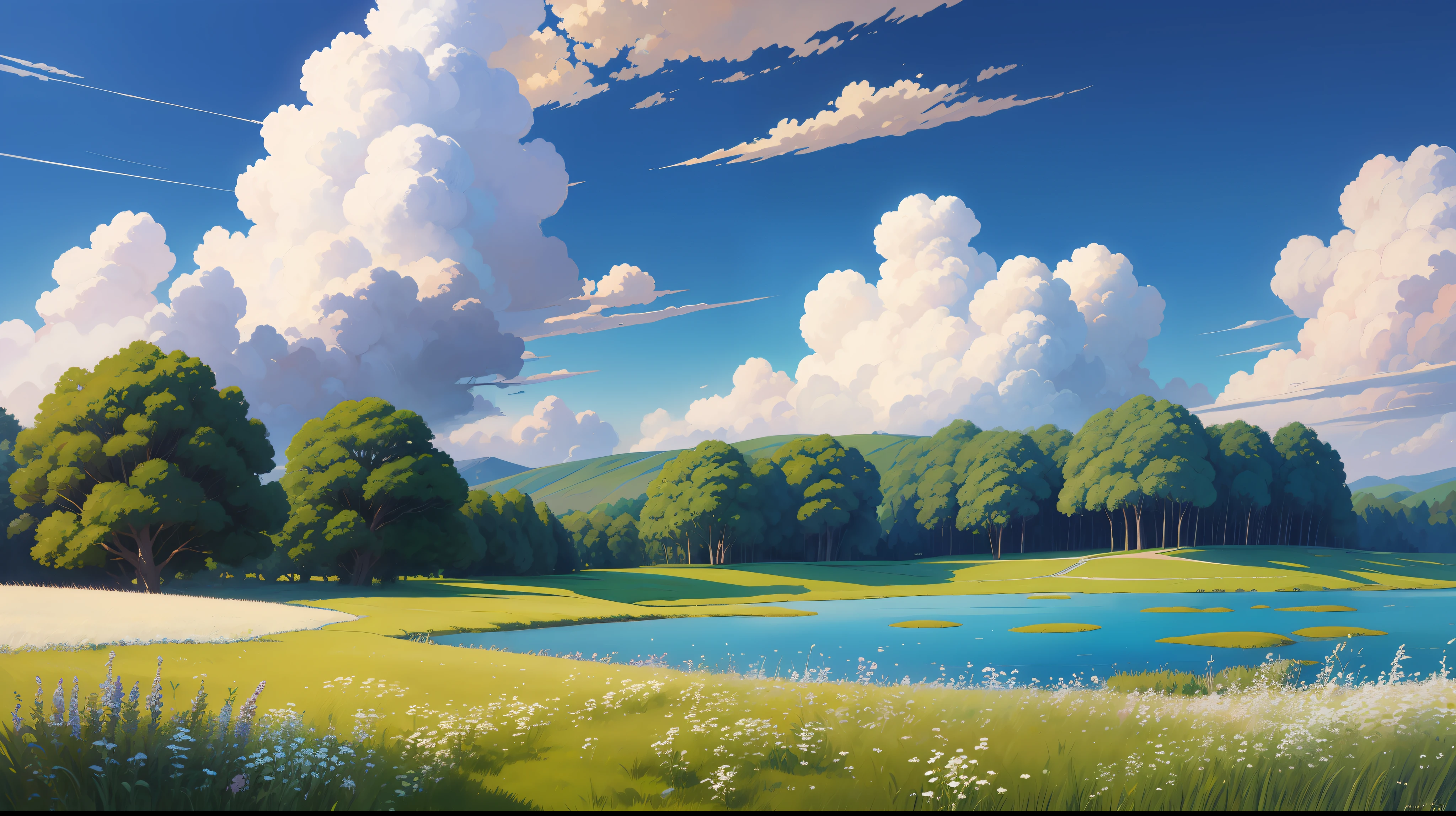 Realistic, authentic, beautiful and amazing landscape oil painting Studio Ghibli Hayao Miyazaki&#39;s petal grassland with blue sky and white clouds --v6