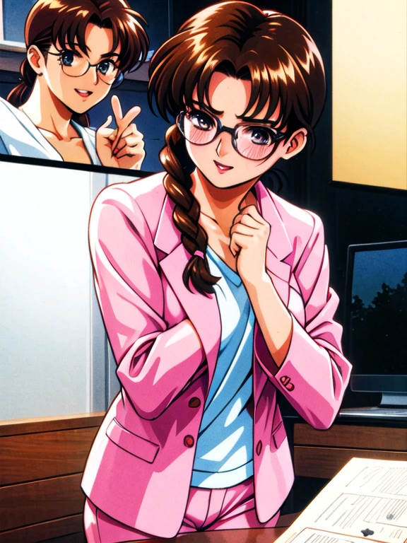 1990s \(style\),90s style,90s anime screen captures,,Subjective heart-grabbing,POV hands,Grab your chest,Mature Woman,Mature Woman,Laughter,,View your viewers,Jacket,office,night,Embarrassing,Sense of guilt,netorare,Ayumi_arima,Long Hair,brown hair,25-year-old woman, Single Pigtail,Pink Lip, Glasses,Pink Suit,one goodid,good,