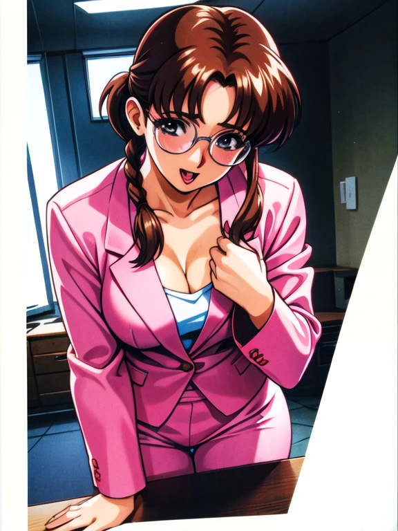 1990s \(style\),90s style,90s anime screen captures,,Subjective heart-grabbing,POV hands,Grab your chest,Mature Woman,Mature Woman,Laughter,,View your viewers,Jacket,office,night,Embarrassing,Sense of guilt,netorare,Ayumi_arima,Long Hair,brown hair,25-year-old woman, Single Pigtail,Pink Lip, Glasses,Pink Suit,one goodid,good,