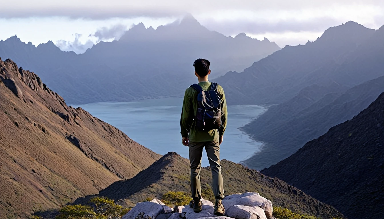 A young asian man, drop fade cut hair, lonely , exploration style,hiking, Stand , behind misty cloud sea mountain peaks , Wearing long sleeve army camouflage T-shirt, dark gray hiking causal trouser, smart and handsome, smile, holding note book , black backpack, seeing surrounding from stone peaks, wearing desert shoe , upper body, face to viewer, details on face and body features,
misty, morning light, masterpiece, hd resolution photo,