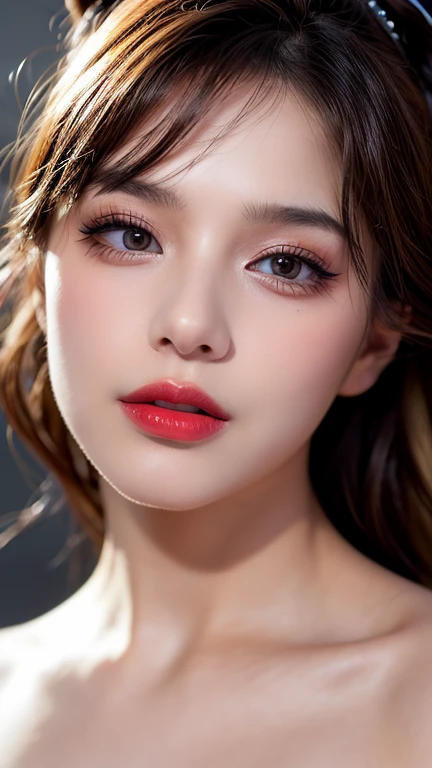 (8ก, Highest quality: 1.2), Extremely detailed, thorough resolution, (realistic, realistic photo: 1.37), Portrait, high definition RAW color photograph, professionally arrested, high definition and beautiful, high definition, 8ก Image wallpaper, Amazing details, Big file size, highly detailed beautiful girl, Extremely detailed face, Finely defined eyes, The skin has a fine texture., Every feature is meticulously displayed., The fingers were neatly outlined., The nose has a precise shape., expressive lips red lipstick , perfect anatomy, background is not blurred, one story, (20:1.2), Twenty generations, cute girl, realistic