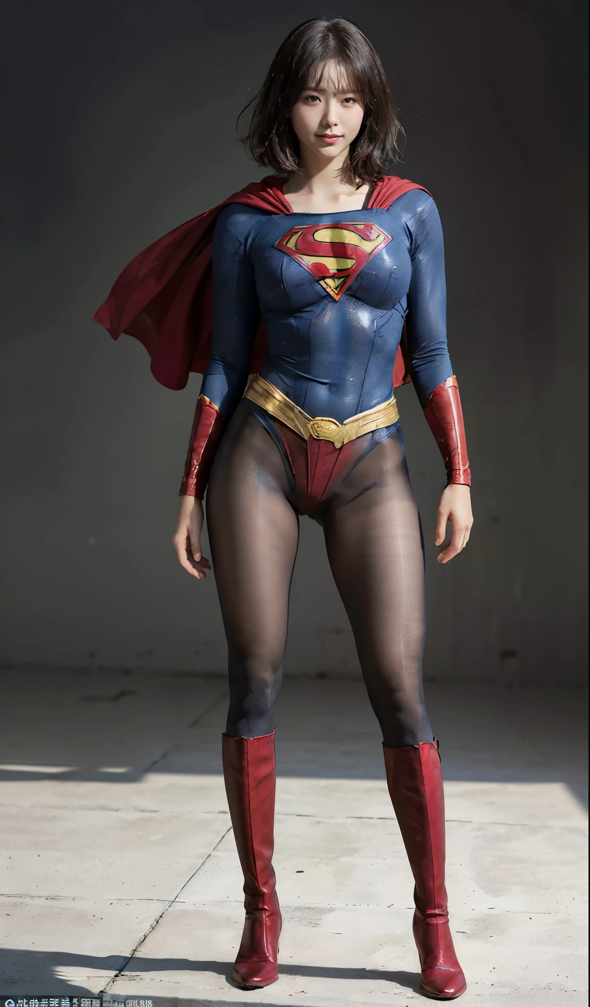No background、(((Beautiful legs in black tights.)))、(((Legally express the beauty of your smile)))、((((Make the most of your original images)))、(((Supergirl Costume)))、(((beautiful short bob hair)))、(((suffering)))、(((Please wear black tights....、Wear red boots)))、((Best image quality、8K))、((highest quality、8K、masterpiece:1.3))、(((Preserve background )))、Sharp focus:1.2、Beautiful woman with perfect figure:1.4、Thin abdominal muscles:1.2、Wet body:1.5、Highly detailed face and skin texture、8K