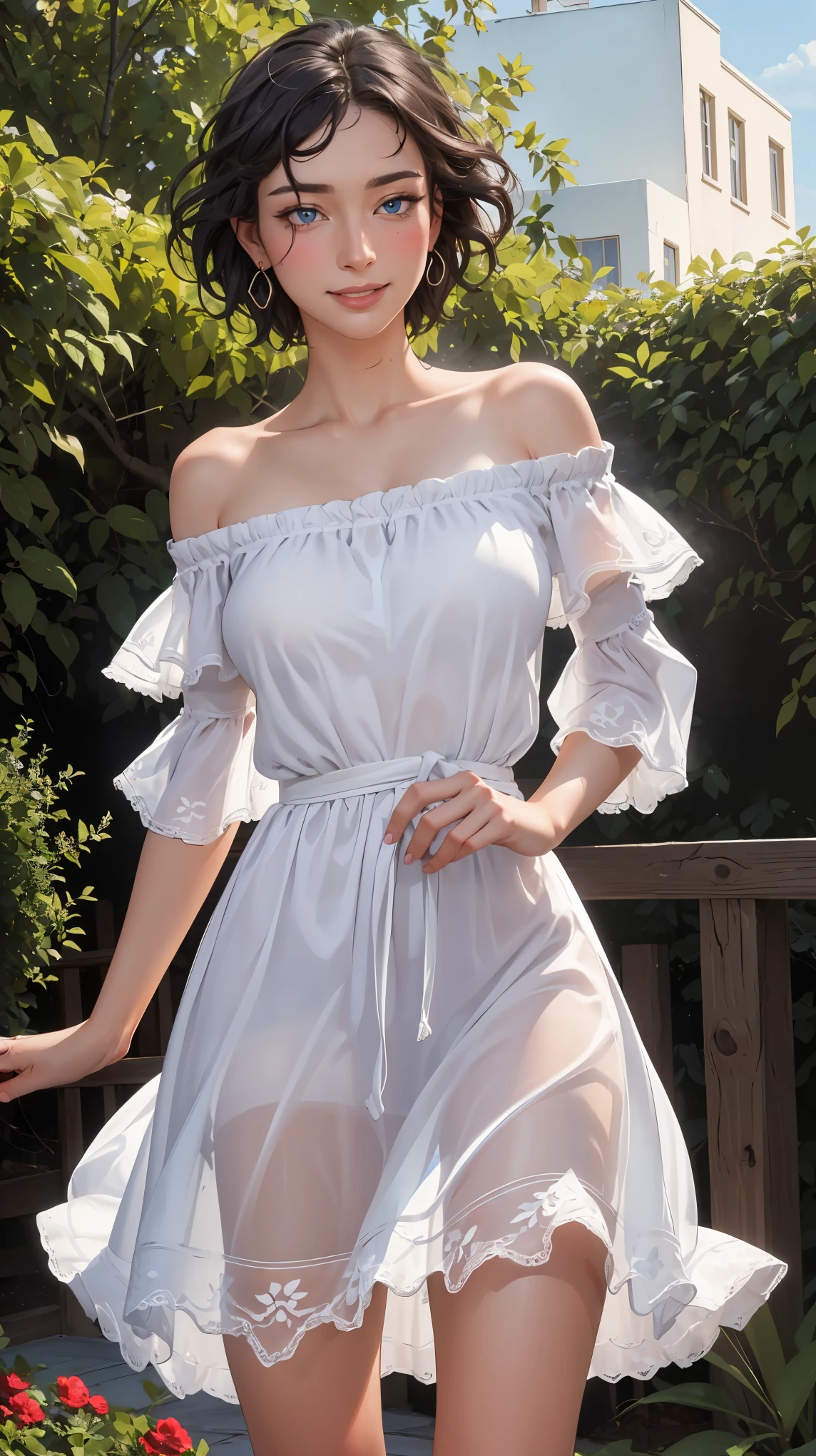 ((()))、(((high school girl)))、(((A charming face)))、(((Cute face)))、(((Young face)))、(((beautiful girl)))、(((A beautiful woman)))、Beautiful woman、Cute woman、((Innocent face))、((Smile))、((Ultra-detailed face))、((Detailed lips))、((Detailed eyes))、((double eyelid))、(((Beautiful Face)))、(((beautiful well-shaped eyes)))、(((beautiful well-shaped lips)))、(Very Short Hair)、(ponytail)、(Pixie cut)、(Gray Hair)、(((Brown Hair)))、(((Blue cornflower hair ornament)))、BREAK、、BREAK、((Wearing a white lace dress))、(Off the shoulder)、BREAK、8 heads、(((slender)))、(((Slim body)))、(((Thin body)))、(((Slim woman)))、((Flat Chest:1.6))、BREAK、Photographic quality、Natural light、(フォトRealistic:1.4)、(Highest quality:1.2)、(Ultra-high resolution:1.2)、8K、RAW Photos、Realistic、High Detail、Film Grain、Detail Skin、Symmetrical、Delicate skin、Real human skin、pores、Super detailed、Detailed、(masterpiece : 1.2)、Thin face、Sharp Face、Small Face、Small face、Narrow shoulders、Small shoulders、Small shoulders幅、Slim shoulders、Narrow shoulders幅、Beautiful Japanese Woman、Beautiful Korean Woman、Slim womanモデル、Young Gravure Idol、Realistic young gravure idol、Young Sensual Gravure Idol、Young Pretty Gravure Idol、Japanese Model、Young Gravure Idol、((From the knee up))、(arms behind back:1.3)、Clothing transparent : 1.6