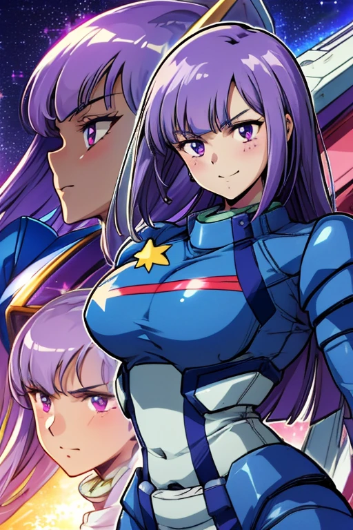 Perfect artwork、(One Girl)、(Mecha Girl、mecha musume)、((The perfect woman))、
Beautiful Face、Glowing Skin、Big breasts and small waist、
Purple Hair、Hair length、star mark、Blue pilot suit、