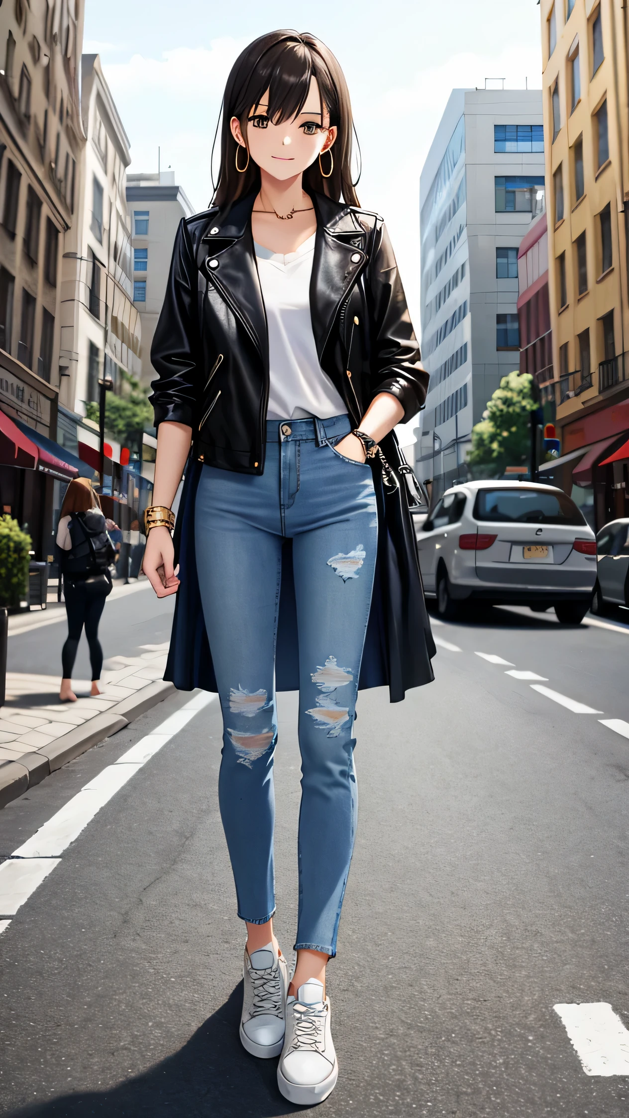 Very detailed, high quality, masterpiece, 1 female, upright, (Casual wear: 1.1), (Split), White T-shirt, Blue Jeans, sneakers, Black leather jacket draped over shoulders, (accessories: 1.2), Gold Hoop Earrings, Brown leather watch, Natural Makeup, A faint smile, Please fold your arms in front of her., (City view: 0.9), Buildings and people in the background々, Outdoor, sunny.