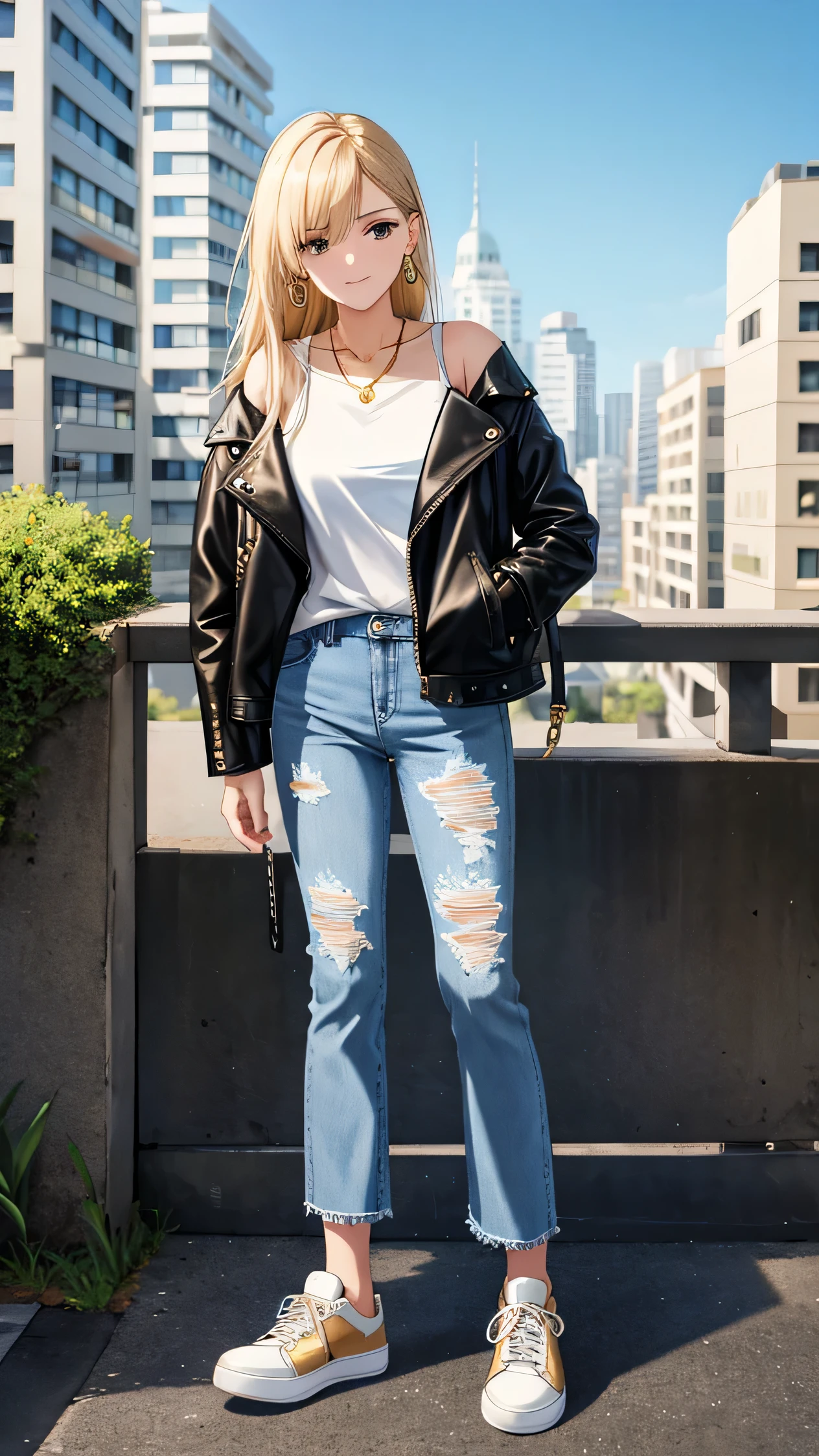 Very detailed, high quality, masterpiece, 1 female, upright, (Casual wear: 1.1), (Split), White T-shirt, Blue Jeans, sneakers, Black leather jacket draped over shoulders, (accessories: 1.2), Gold Hoop Earrings, Brown leather watch, Natural Makeup, A faint smile, Please fold your arms in front of her., (City view: 0.9), Buildings and people in the background々, Outdoor, sunny.