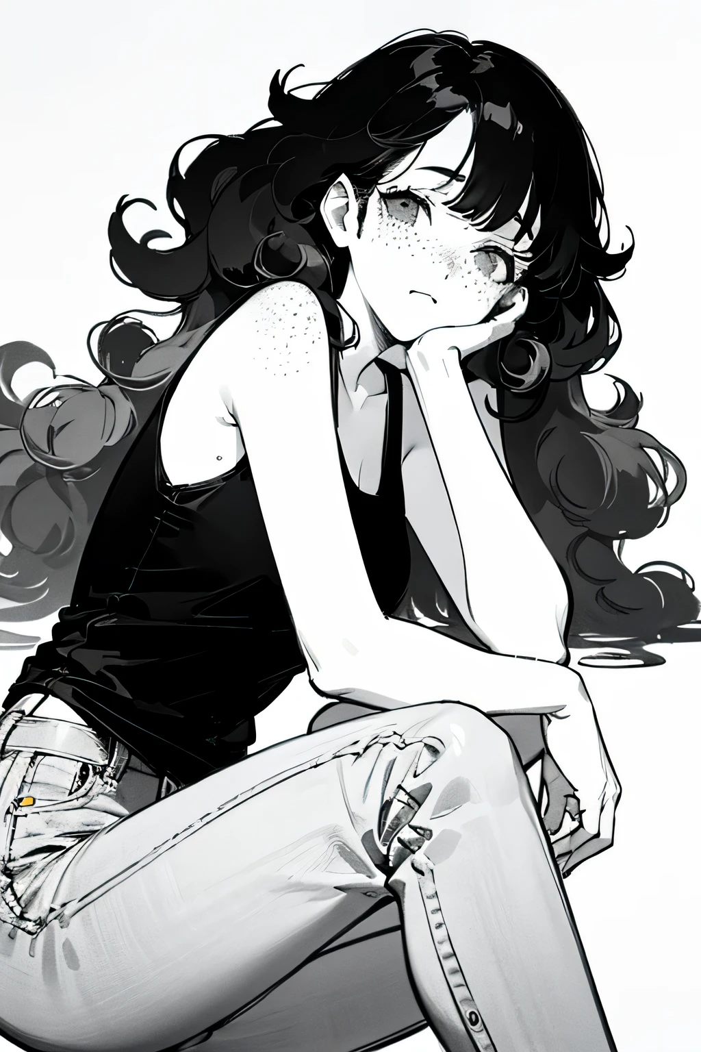 ((highest quality)), ((masterpiece)), (be familiar with), Perfect Face、Line art、Anime Style、Show the whole body、draft、Monochrome、Long Hair、Black Hair、cool、Calm、Very droopy eyes、upright、freckles、peek、Extremely curly hair、Curly hair、long hair、Expressionless、Resting her chin in her hand、underwear、smile、Big Ass、cute、freckles、Young、underwearにリボン、上品なunderwear、Big Tits、Details、Ribs visible