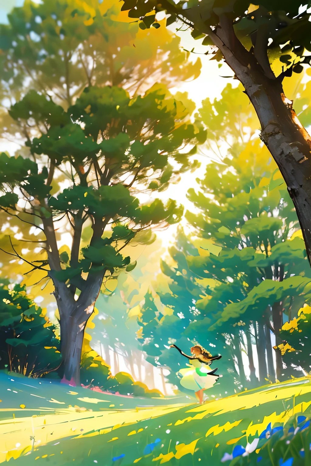 Spring Scene with a Girl: A Mythological Enchantment in Flat Colorful Lines

A breathtaking spring scene unfolds before your eyes, featuring a girl in the heart of a lush forest meadow.The ground beneath her dainty feet is blanketed in vibrant green hues, where perky blades of grass sway gently to the rhythm of the wind. Rich, verdant linear woods border the horizon, their trunks whispering tales of olden times.

A trio of swallows fly gracefully above her, the sunlight filtering through their wings in a warm embrace. To her side, a wicker basket flutters in the zestful spring breeze,