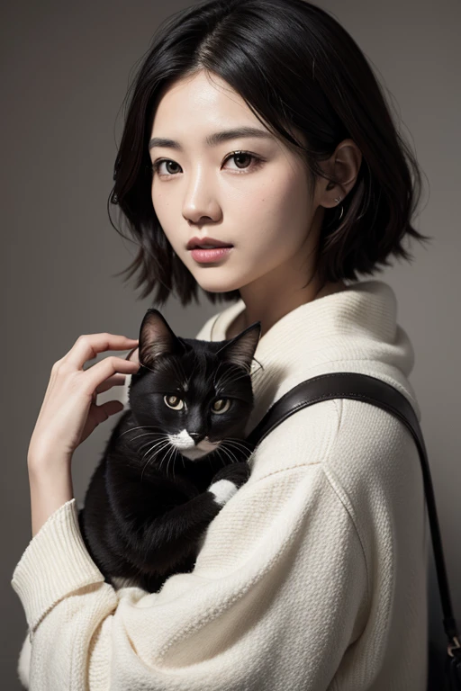 Asian woman.short hair.Taking a photo with a cat.Simple background.Rembrandt.black and white realistic.Close-up of face.