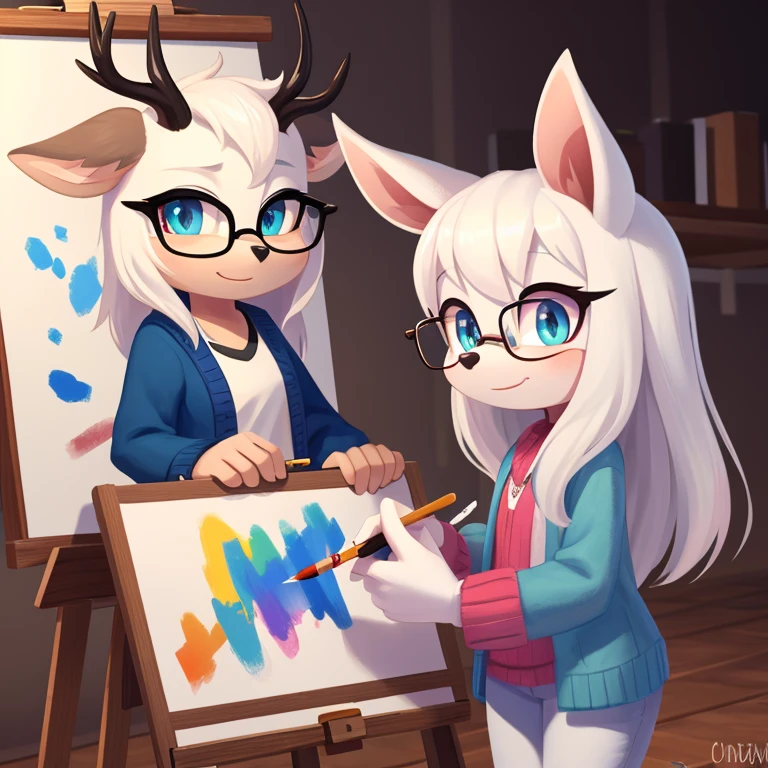 wendigo mobian, white hair, long hair, glasses, brown stag horns, aqua eyes, 4k, blue cardigan, white ears, easel, paintbrush