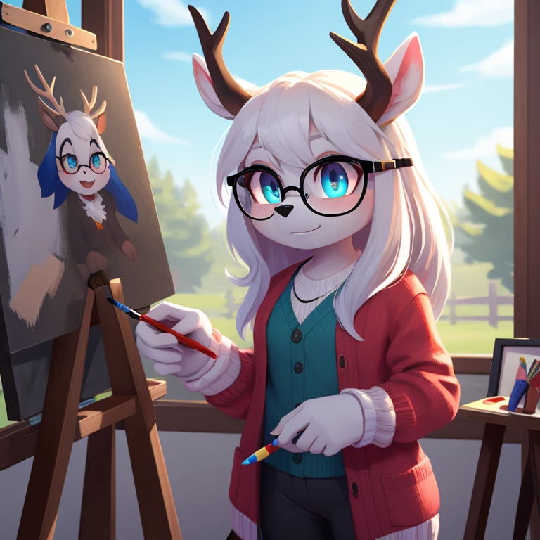 wendigo mobian, white hair, long hair, glasses, brown stag horns, aqua eyes, 4k, blue cardigan, white ears, easel, paintbrush