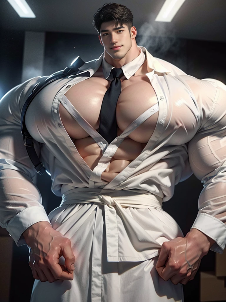 (best quality:1.5, hyperrealistic:1.5, photorealistic:1.4, madly detailed CG unity 8k wallpaper:1.5, masterpiece:1.3, enthusiastically detailed photo:1.2), (hyper-realistic lifelike texture:1.4), highly detailed, ((masterpiece, best quality)) ,extremely detailed 8K wallpaper, 1 korean male, (korean man with k-pop idol look), 20yo, handsome, detailed face, heavy muscular, stubble, sexy and masculine, formal suit & pants, prominent bulge, photo real, illuminating light, big, brutalmass, giant, muscular bodybuilder, bulk, massive body, large size, smile, minimalist background