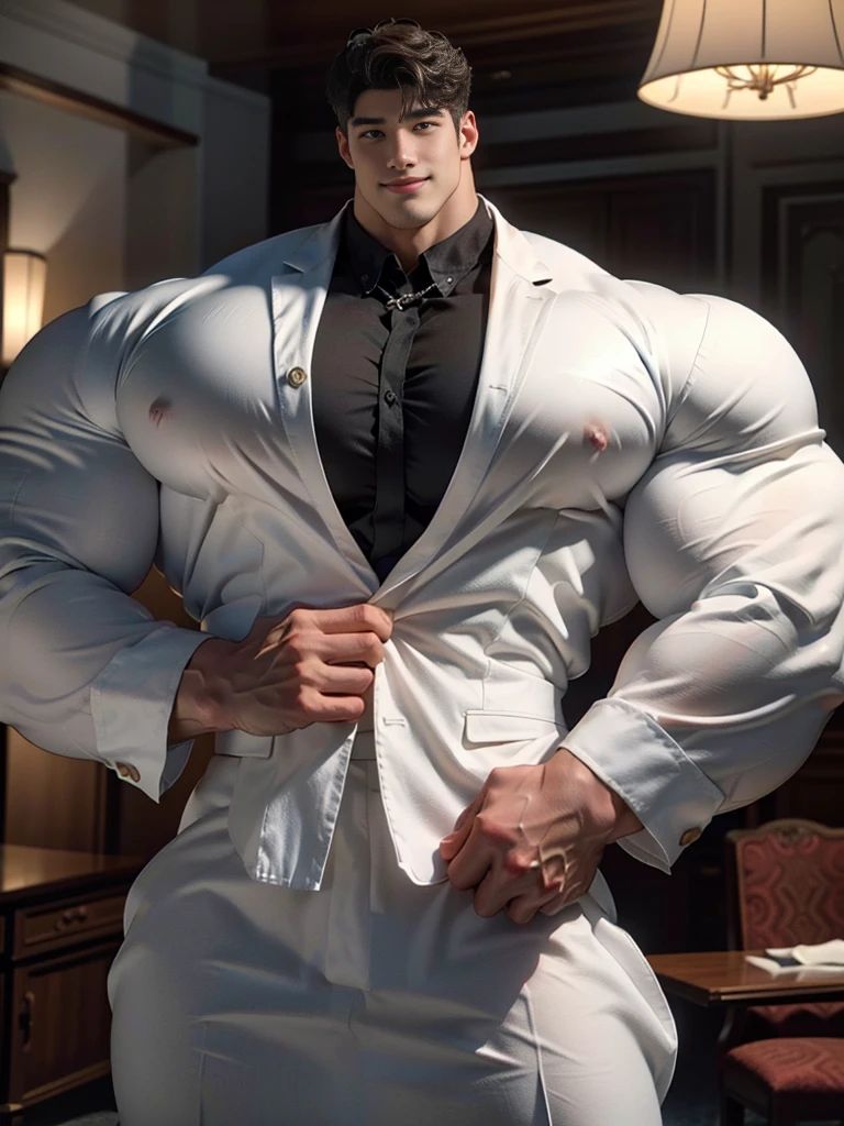 (best quality:1.5, hyperrealistic:1.5, photorealistic:1.4, madly detailed CG unity 8k wallpaper:1.5, masterpiece:1.3, enthusiastically detailed photo:1.2), (hyper-realistic lifelike texture:1.4), highly detailed, ((masterpiece, best quality)) ,extremely detailed 8K wallpaper, 1 korean male, (korean man with k-pop idol look), 20yo, handsome, detailed face, heavy muscular, stubble, sexy and masculine, formal suit & pants, prominent bulge, photo real, illuminating light, big, brutalmass, giant, muscular bodybuilder, bulk, massive body, large size, smile, minimalist background