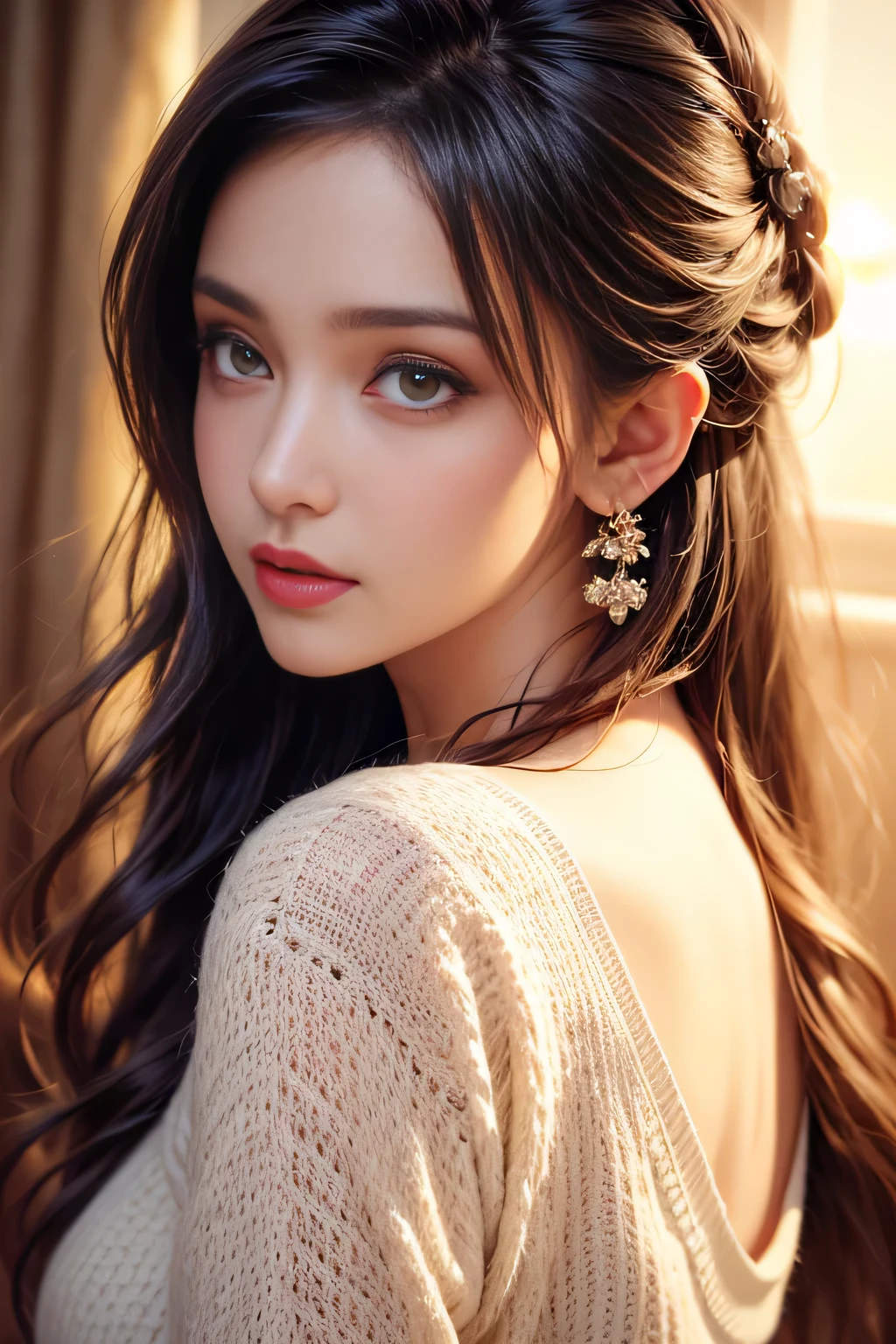 (Best quality at best,4K,A high resolution,tmasterpiece:1.2),ultra - detailed,(actual,realisticlying,Photorealistic:1.37),Beautiful and delicate eyes,beautiful detailed lips,Extremely detailed eyes and face,Long eyelashes,Girl in sweater,white backgrounid,vivd colour,Focus sharp,physically-based renderingt,Studio lighting,gentlesoftlighting,a warm color palette,Subtle shadows
