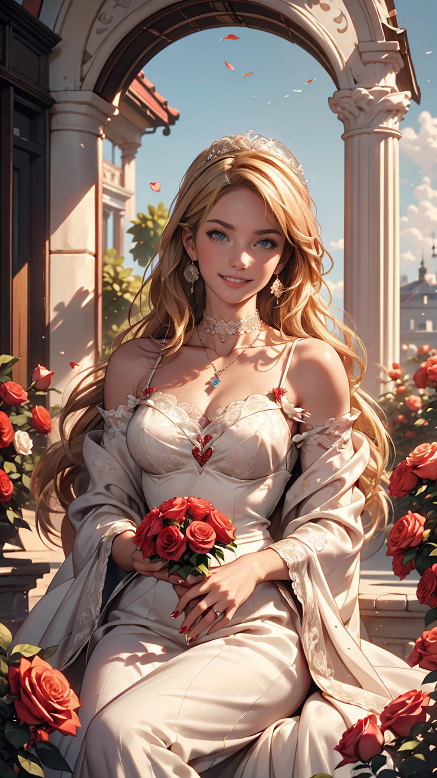 (highest quality, High resolution, masterpiece :1.3), 25-year-old Caucasian female、Platinum Blonde、blue eyes、Semi-long hair、My hair is wavy、smile、Slim figure、Large chest、I'm wearing earrings、I'm wearing a necklace、Wearing accessories on wrists and ankles、I'm wearing a ring、I want my head to stay off screen、Wearing red nail polish、I have a peticure、smile、I'm wearing high heels、Wearing a lace choker、wearing a mermaid dress、I'm in a garden with an arch and roses blooming、The arch is covered with roses、Behind the arch is a clear blue sky、Low-angle camera angle