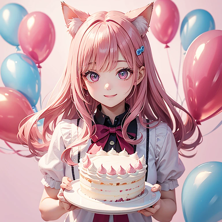 Cat with pink ribbon、Pink Hair、Pink eyes、White clothing、smile、happy、Celebration、birthday、Strawberry chocolate cake、Background balloons flying