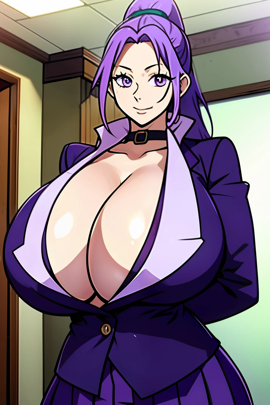 An anime-style artwork depicting shion from the anime tensei shittara slime datta.

Tags: shion, anime, detailed eyes, detailed lips, cleavage, collarbone, jacket, long sleeves, office lady, purple jacket, purple mini skirt, wing collar, green collar,, smiling expression, intense gaze, dynamic pose, indoor, palace, vibrant colors, digital art, high-resolution, professional quality, gigantic breasts, (underboob : 1.4), curvy, cowboy shot, (gigantic breasts: 1.4), shion, hair intakes, long hair, ponytail, (purple eyes:1.1), purple hair, hair intakes, long hair, ponytail, (purple eyes:1.1), purple hair,