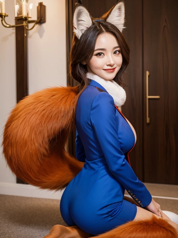 ((highest quality, 32k)), ((masterpiece)), (Familiar), Perfect Face, Fox woman, Beautiful woman, public, Has a tail, She has a fluffy tail, She has a red fox&#39;s tail., She wags her tail, smile, bell collar, She is wearing a pantsuit, Beautiful Hips, Big Breasts, Big tail, A tail sticking out from a pantsuit, She turns around on all fours