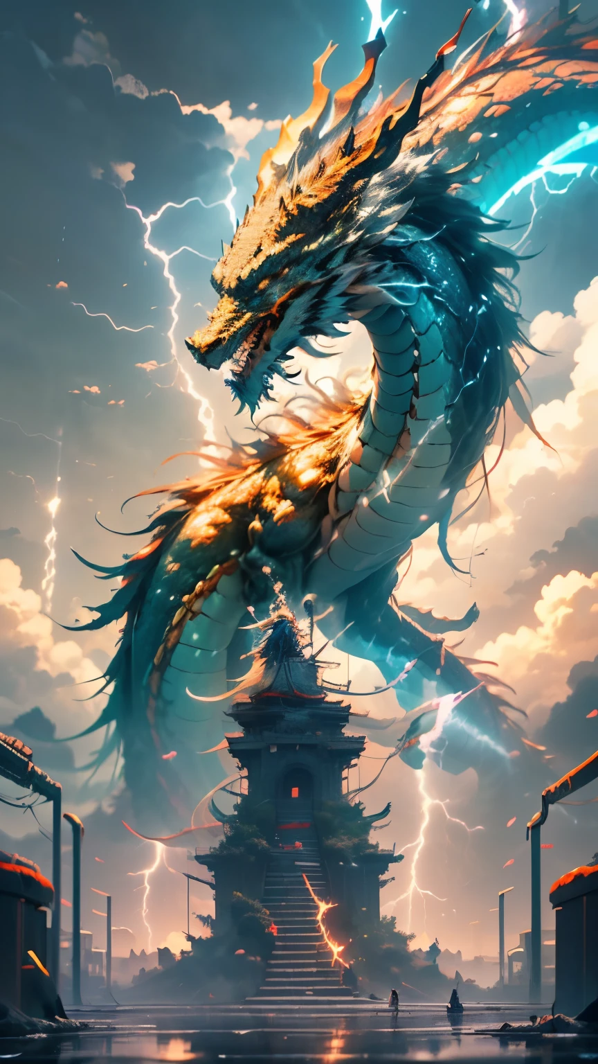 China's white dragon soared into the sky,(((lightning is shining))),(girl who controls a dragon:1.3),(Girl has her back to the camera:1.3),The sky is surrounded by cloudagic of light,amazing background,background of meaning,ridiculous background,There is an artistic overlay,colorful hair, surrealism, cinematic lighting, ray tracing, god's light, speed line, Angle of view, hyper hd, masterpiece, 最high quality, Super detailed, High resolution, high quality,(Vision:1.3)