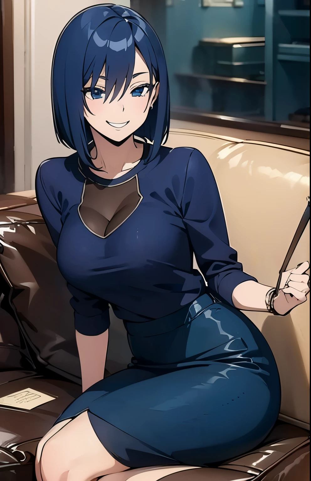 Navy Blue Hair、(Wicked Smile:1.4)。Front view、living room、Sit on the sofa、(Mature Woman, older sister, Big Breasts:0.8)、Slim Body。casual jacket、Feminine Blouse、Pencil Skirt、