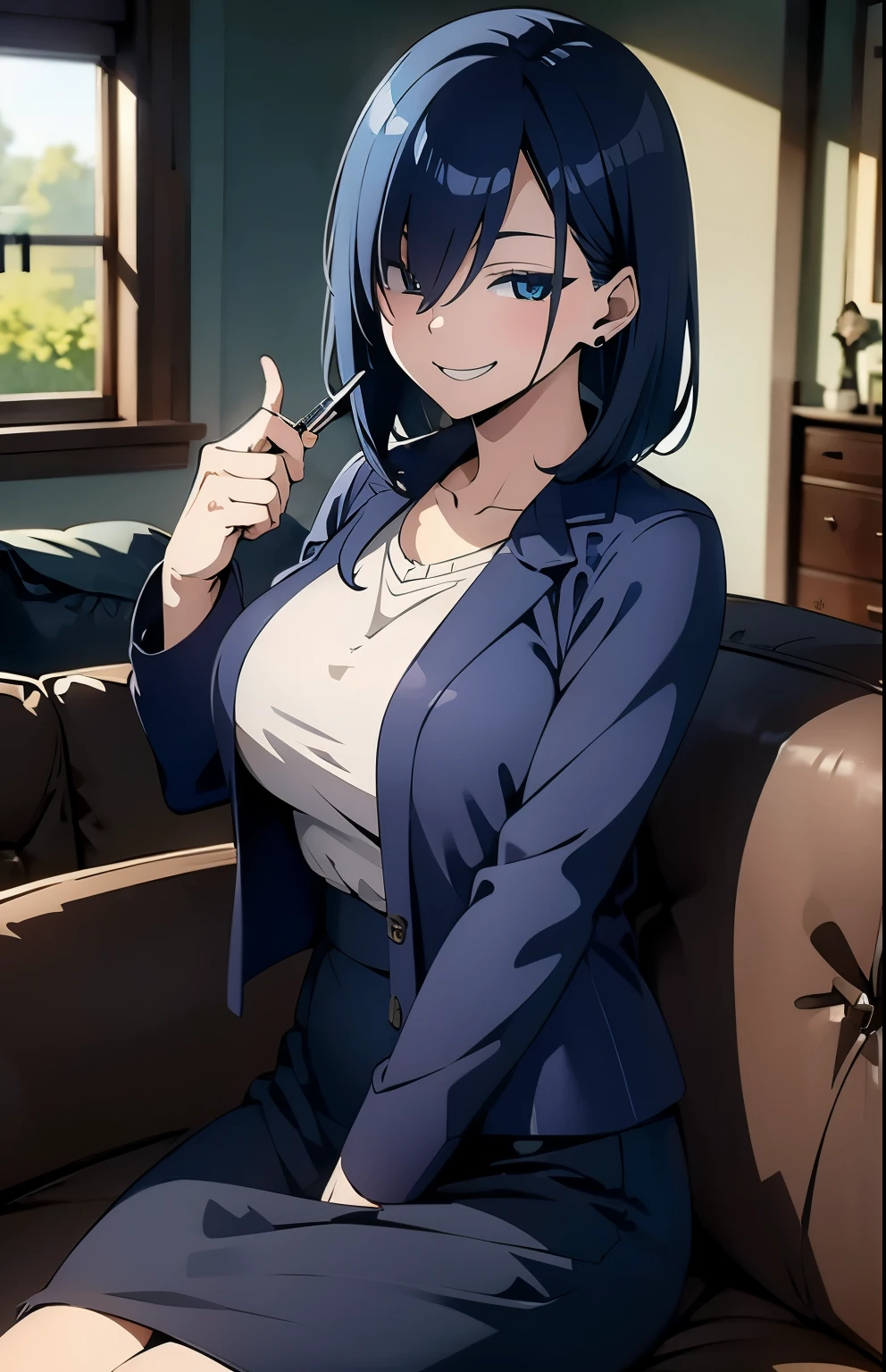 Navy Blue Hair、(Wicked Smile:1.4)。Front view、living room、Sit on the sofa、(Mature Woman, older sister, Big Breasts:0.8)、Slim Body。casual jacket、Feminine Blouse、Pencil Skirt、