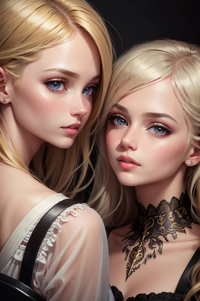 A blonde girl cutting the hair of a brunette girl,illustration,oil painting,beautiful detailed eyes,detailed lips,extremely detailed eyes and face,long eyelashes,two girls,scissors,hair salon,professional,ultra-detailed,realistic,vivid colors,studio lighting