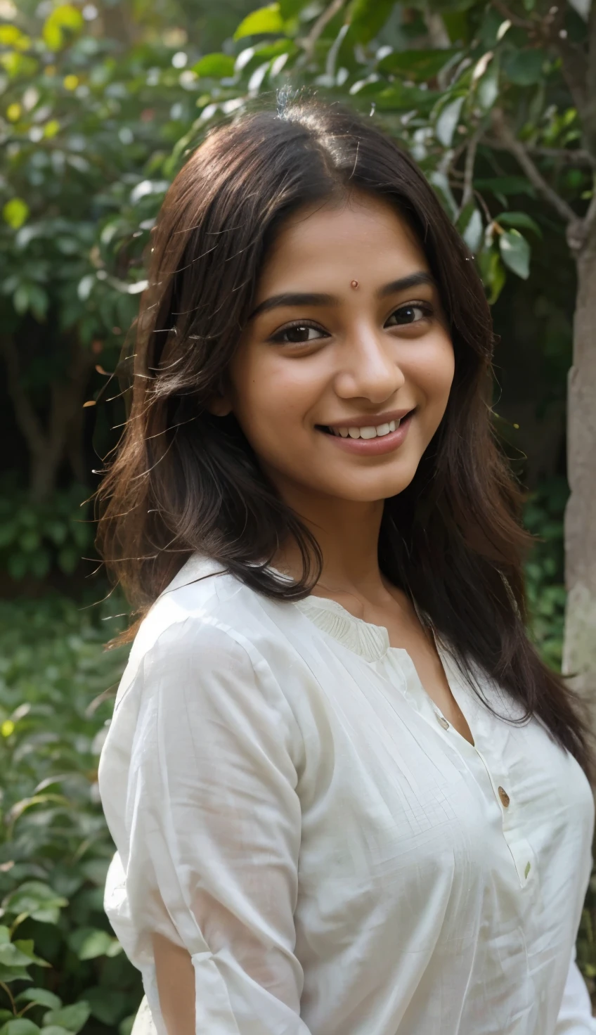 A beautiful Indian girl cute smile (best quality,highres,realistic:1.37),beautiful Indian girl,cute smile,outing,soft lighting,detailed eyes,lush green garden,natural beauty,vibrant Gujarat colors,traditional clothing,long flowing hair,sunshine filtering through trees,nature backdrop,subtle shadows,photorealistic rendering,playful expression,joyful atmosphere,fun-filled day,harmonious surroundings,blooming flowers,endearing charm,serene atmosphere,gentle breeze,happiness radiating,peaceful ambiance,delicate features,expressive face,cheerful disposition,colorful atmosphere,ethereal beauty,graceful pose,memorable moment,fond memories,positive vibes. A beautiful Indian girl cute smile