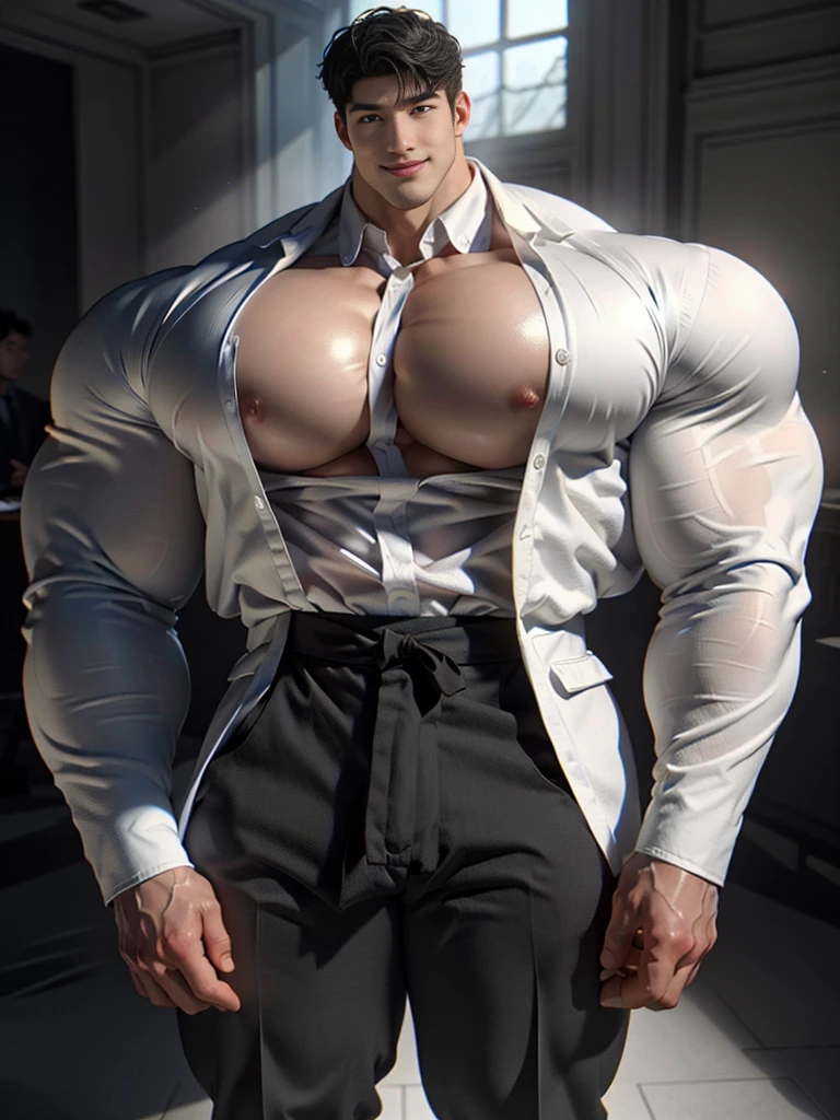 (best quality:1.5, hyperrealistic:1.5, photorealistic:1.4, madly detailed CG unity 8k wallpaper:1.5, masterpiece:1.3, enthusiastically detailed photo:1.2), (hyper-realistic lifelike texture:1.4), highly detailed, ((masterpiece, best quality)) ,extremely detailed 8K wallpaper, 1 korean male, (korean man with k-pop idol look), 20yo, handsome, detailed face, heavy muscular, stubble, mature, charming and masculine, formal suit & pants, prominent bulge, photo real, illuminating light, big, brutalmass, giant, muscular bodybuilder, bulk, massive body, large size, smile, minimalist background