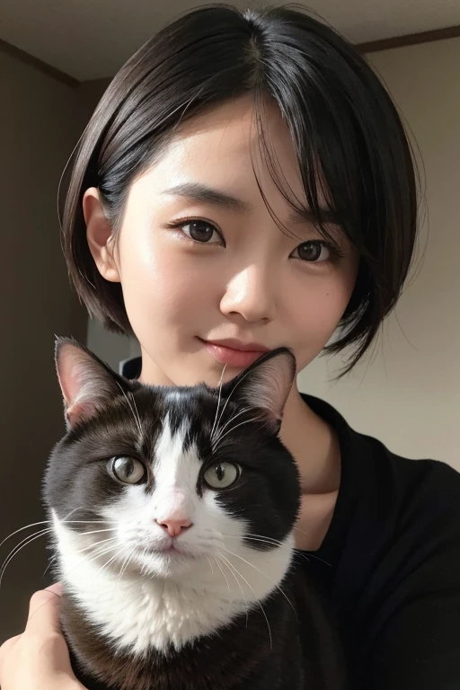 Asian woman.short hair.Taking a photo with a cat.Cheeks close.Simple background.Rembrandt.black and white realistic.Close-up of face.