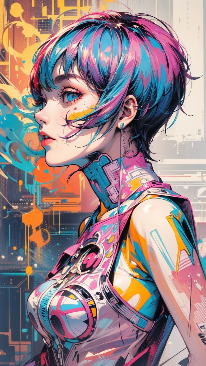 (masterpiece, High resolution, highest quality), Pop art style digital artwork, Skull with short hair, Structure from head to thighs:1.3, Focus on the upper body, fashionable, abstract design, artistic juxtapositions, mixed-media approach, Anime Style, Simple lines, Digital Painting,