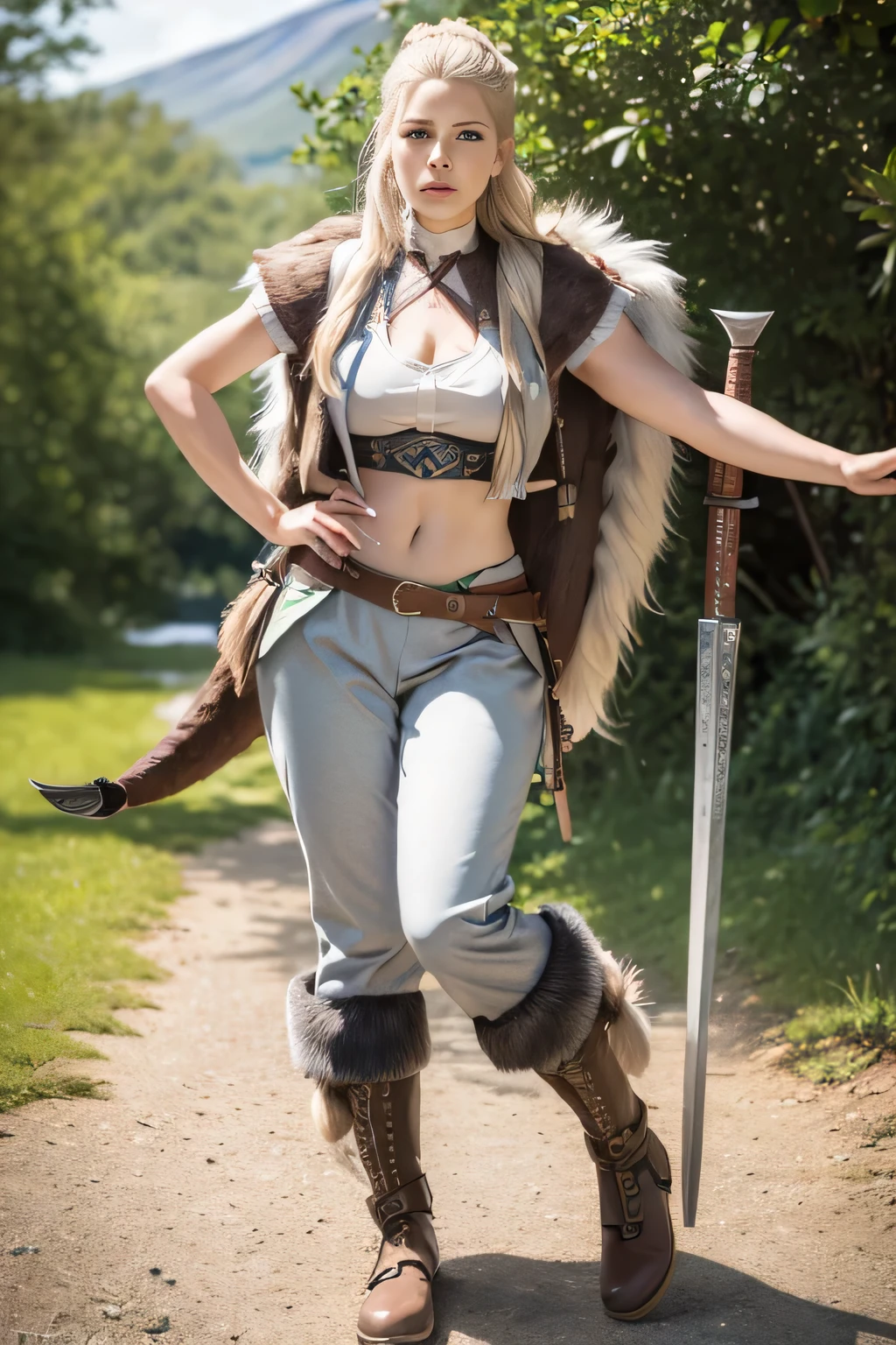 A beautiful Norwegian 24 years old girl, (Lagertha from vikings series:1.3), standing in front of a Forjd, sunny day, long wavy blonde hair shaved on the sides, hyper realistic eyes light grey-blue, slender body, medium size breasts, (full body shot, wearing a viking vest with fur, wearing a viking tunic under the vest, wearing viking pants , wearing viking shoes, wearing viking armor, wearing a viking shield on the back, white, brown, grey, green, blue, red, wearing viking jewelry:1.4), (masterpiece, best quality, high resolution:1.3), ready for war pose, skin pores texture, HD , Photography, movie, cinematic, Realistic, (8k, RAW photo, best quality, masterpiece:1.2), realistic, photo-realistic, determinded face, intense face, natural lighting, depth of field, film grain, wrinkled skin, pale skin, sharp, (freckles:0.5), staring at camera, natural lips, soft natural lighting, full body photography, magical photography, dramatic lighting, photo realism, ultra-detailed, intimate full body shot composition, Leica 50mm, detailed norwegian Fjord in the background,nude ,show tits