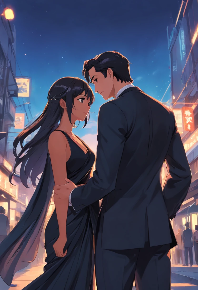 A Indian woman (in black saree) and American man (in black tuxedo) looking each other