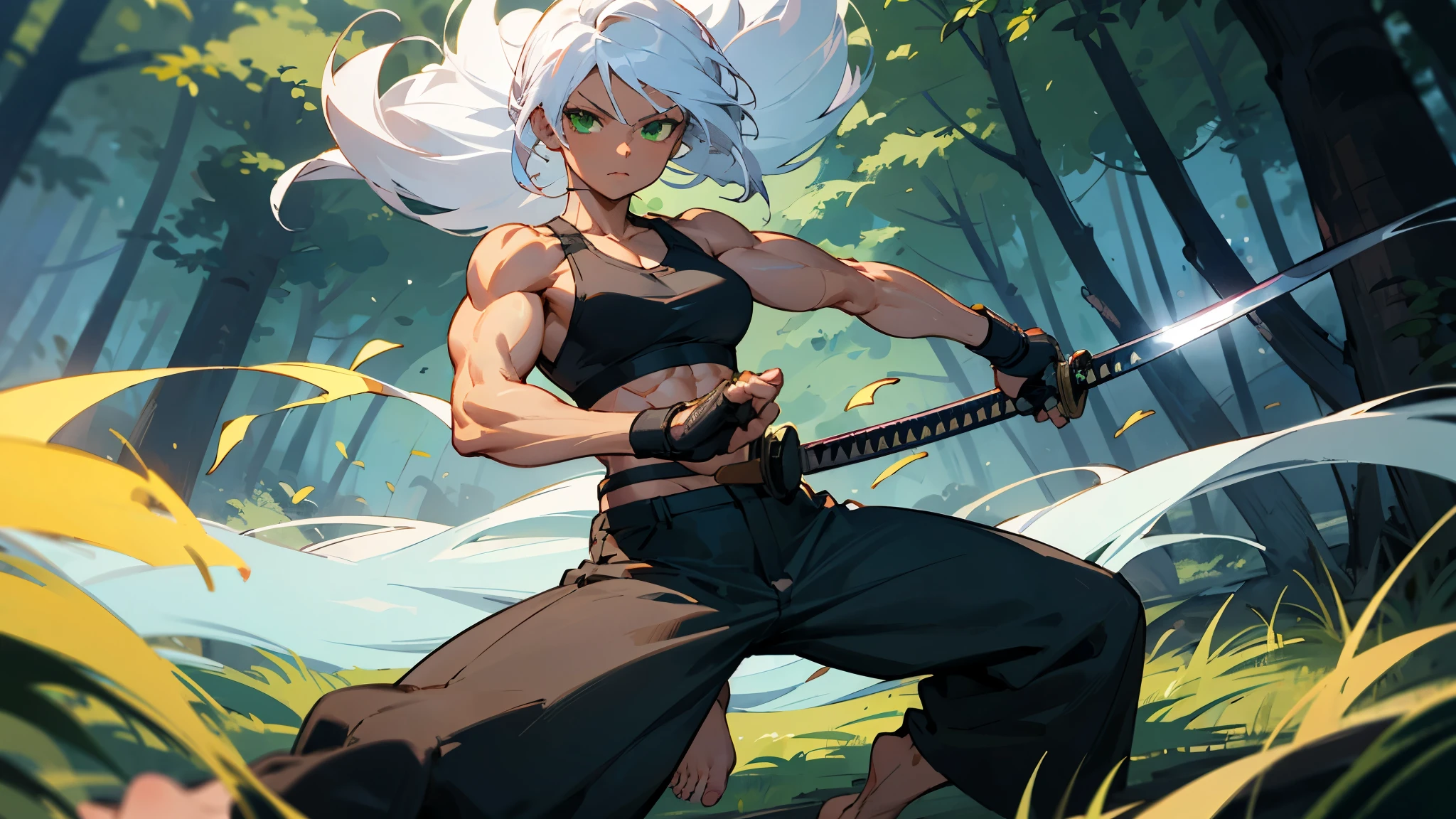 Dark-skinned woman, long white hair, vibrant green eyes, wearing a black sports bra, black martial arts pants. Anime artstyle. In a forest at night. Bare feet. best quality, perfect muscular body, looking at viewer, fighting stance, holding katana, perfect face, intricate detail, masterpiece