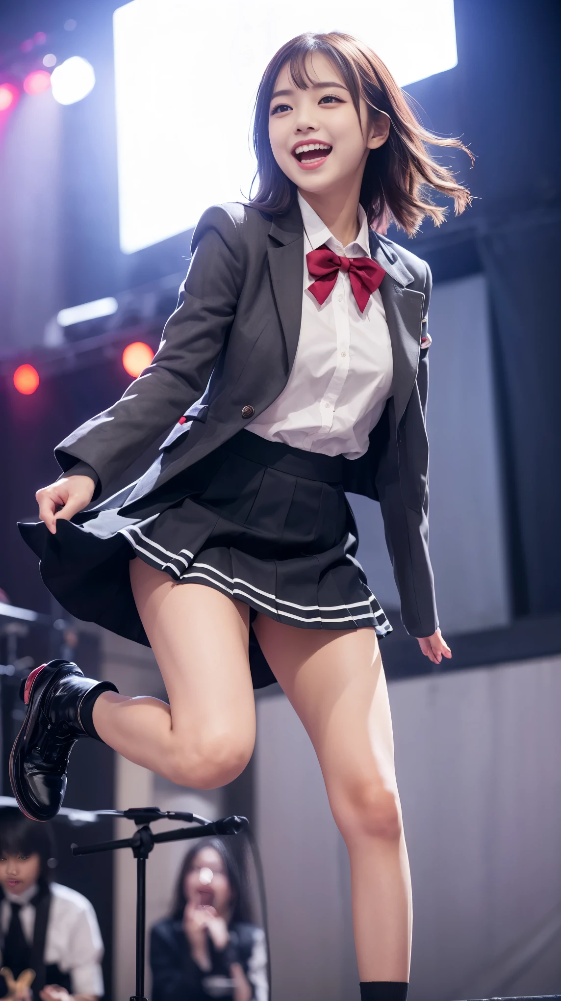 highest quality,masterpiece,Ultra-high resolution,(Actual:1.4),Original photo,Ultra-high resolution，8K，Long legs:1.5，Bright and beautiful，high waist，Flashy makeup with red eyeshadow，Gray background，highest quality,masterpiece,Ultra-high resolution,(Actual:1.4),Original photo,Ultra-high resolution，8K，Wearing Nogizaka46 stage costumes，Flashy makeup with red eyeshadow，Big laughing smile，Short cut with delicate brown hair，A live costume of a high school girl&#39;s uniform mini skirt，Live costume: high school girl uniform jacket，She is jumping with her skirt rising up，Two girl idols，Concert Venues