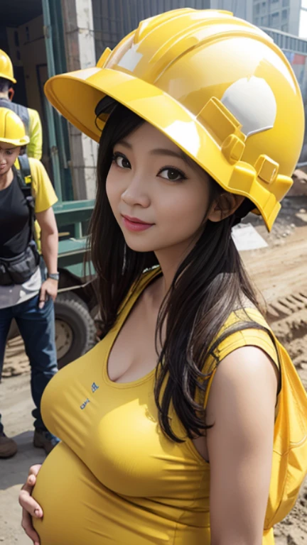 on construction site,Pregnant 30-year-old Taiwanese woman wearing yellow helmet,Half-length photo,pregnant belly
