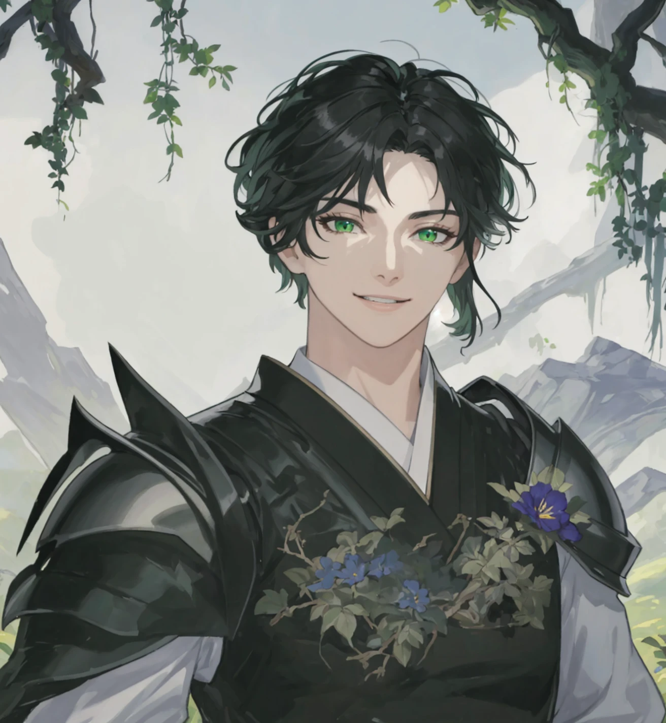 ((Masterpiece: 1.2, best quality)), nice muscular, valiant, strong, black knight, short black hair, green eyes, uniform, black kimono, black armor, fantasy, forest, blooming flowers, sunlight, fantastic light and shadow, landscape, highly detailed face, portrait, smile