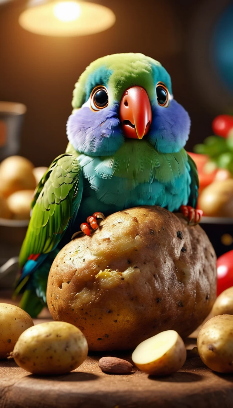 Foodpets Very cute and charming anthropomorphic potato parrot, Looking at the audience, Macro, Movie Lighting, Fantasy Art, Dynamic Synthesis, Epic reality, Award-winning illustrations