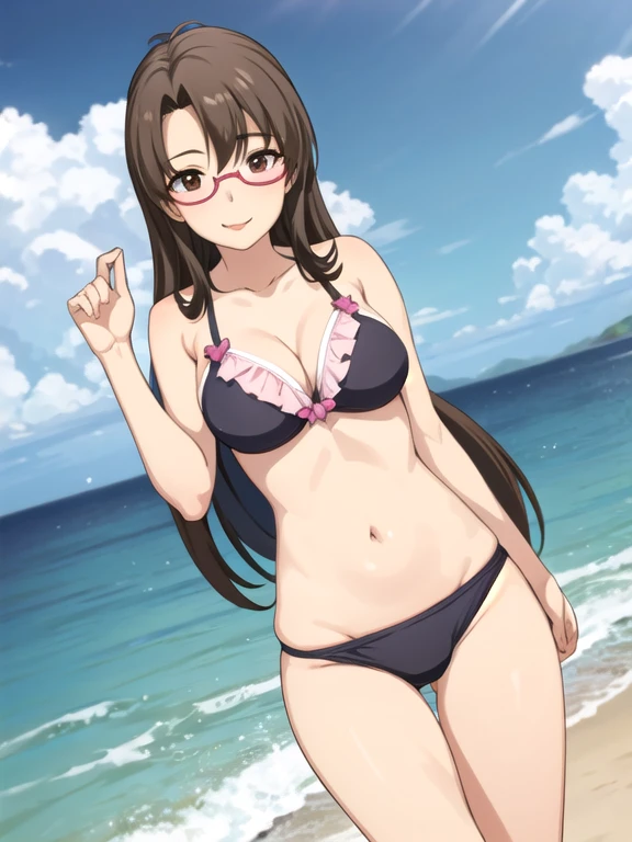 (masterpiece), (highest quality:1.0), (Ultra-high resolution:1.0),
,Beach, One girl, alone, ,View the viewer, Swimwear, arima_Ayumi,Long Hair,Black Hair,25-year-old woman, Single Pigtail,Pink Lip, Glasses,,1 braid,, smile,