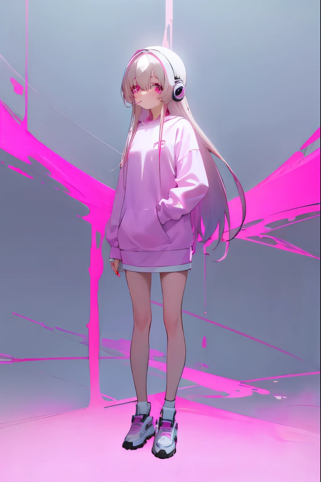 Light blue long hair,pink and white sweatshirt,Pink Eyes,Black headphones,Lollipop in mouth whole body Standing posture White and pink tones