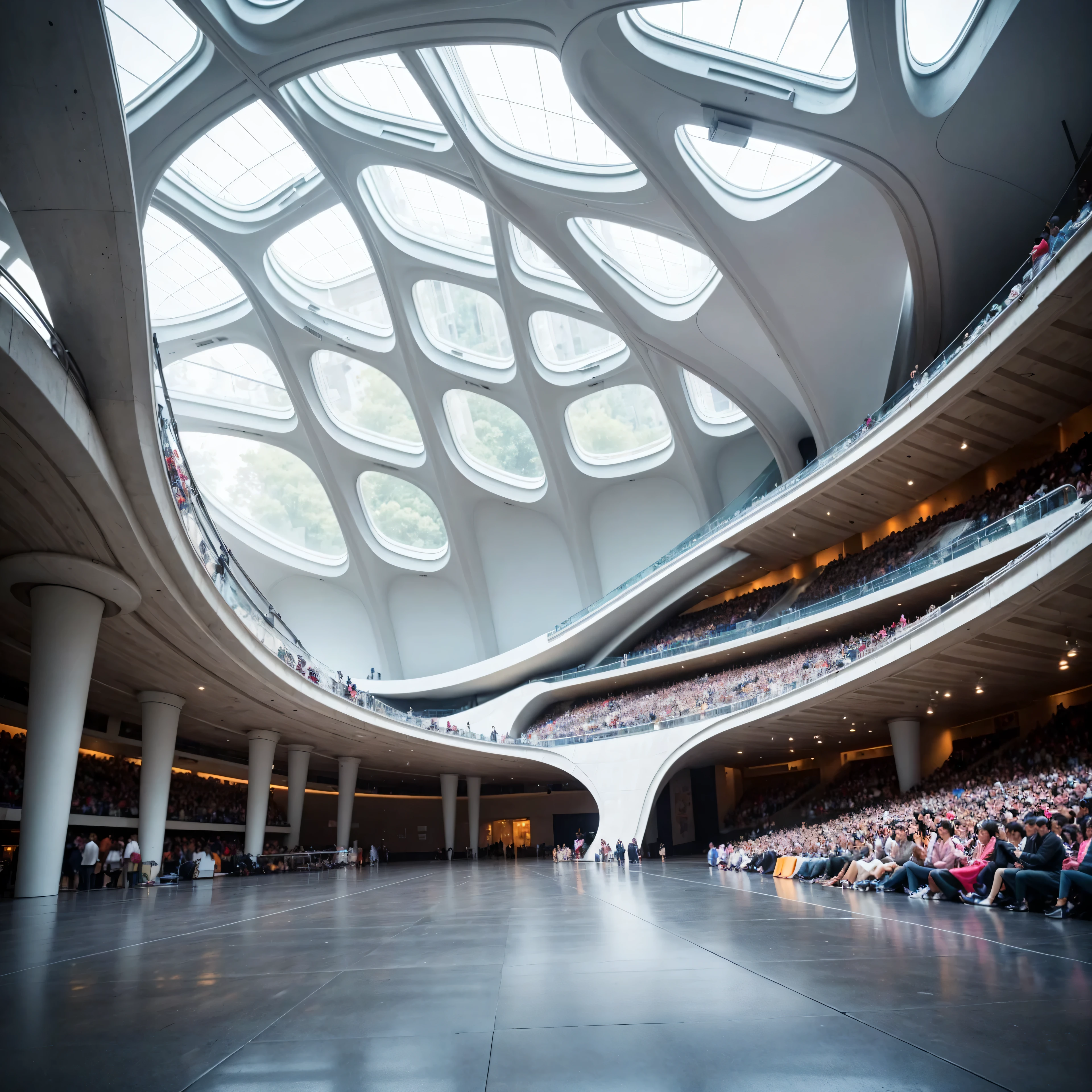 There is a big open space there.,Many people sitting on the floor, author:Matthias Wescher, Architectural Photography, architectural photosy, architectural photos, Zaha Hadid style architecture, by Zha Shibiao, Calatrava, Zaha Hadid Architects' style, New York, Meteorological Museum, Zaha Hadid Architecture, Tilt Shift Zaha Hadid Background, artistic masterpiece, Circular Building