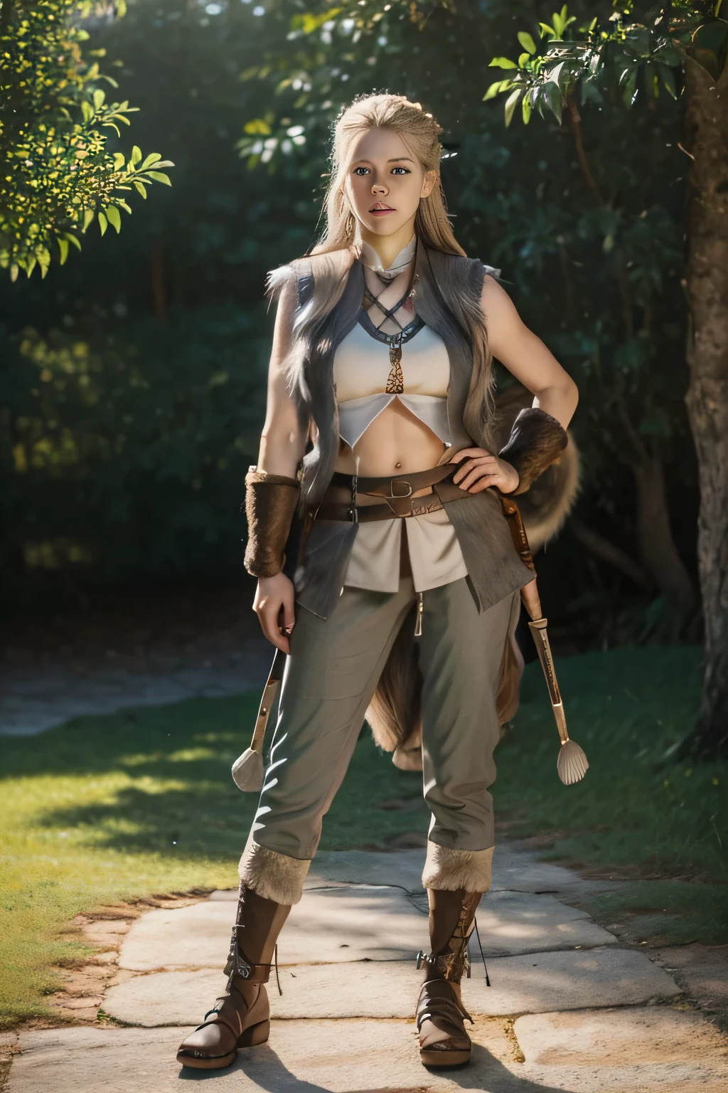 A beautiful Norwegian 24 years old girl, (Lagertha from vikings series:1.3), standing in front of a Forjd, sunny day, long wavy blonde hair shaved on the sides, hyper realistic eyes light grey-blue, slender body, medium size breasts, (full body shot, wearing a viking vest with fur, wearing a viking tunic under the vest, wearing viking pants , wearing viking shoes, wearing viking armor, wearing a viking shield on the back, white, brown, grey, green, blue, red, wearing viking jewelry:1.4), (masterpiece, best quality, high resolution:1.3), ready for war pose, skin pores texture, HD , Photography, movie, cinematic, Realistic, (8k, RAW photo, best quality, masterpiece:1.2), realistic, photo-realistic, determinded face, intense face, natural lighting, depth of field, film grain, wrinkled skin, pale skin, sharp, (freckles:0.5), staring at camera, natural lips, soft natural lighting, full body photography, magical photography, dramatic lighting, photo realism, ultra-detailed, intimate full body shot composition, Leica 50mm, detailed norwegian Fjord in the background,nude ,show tits