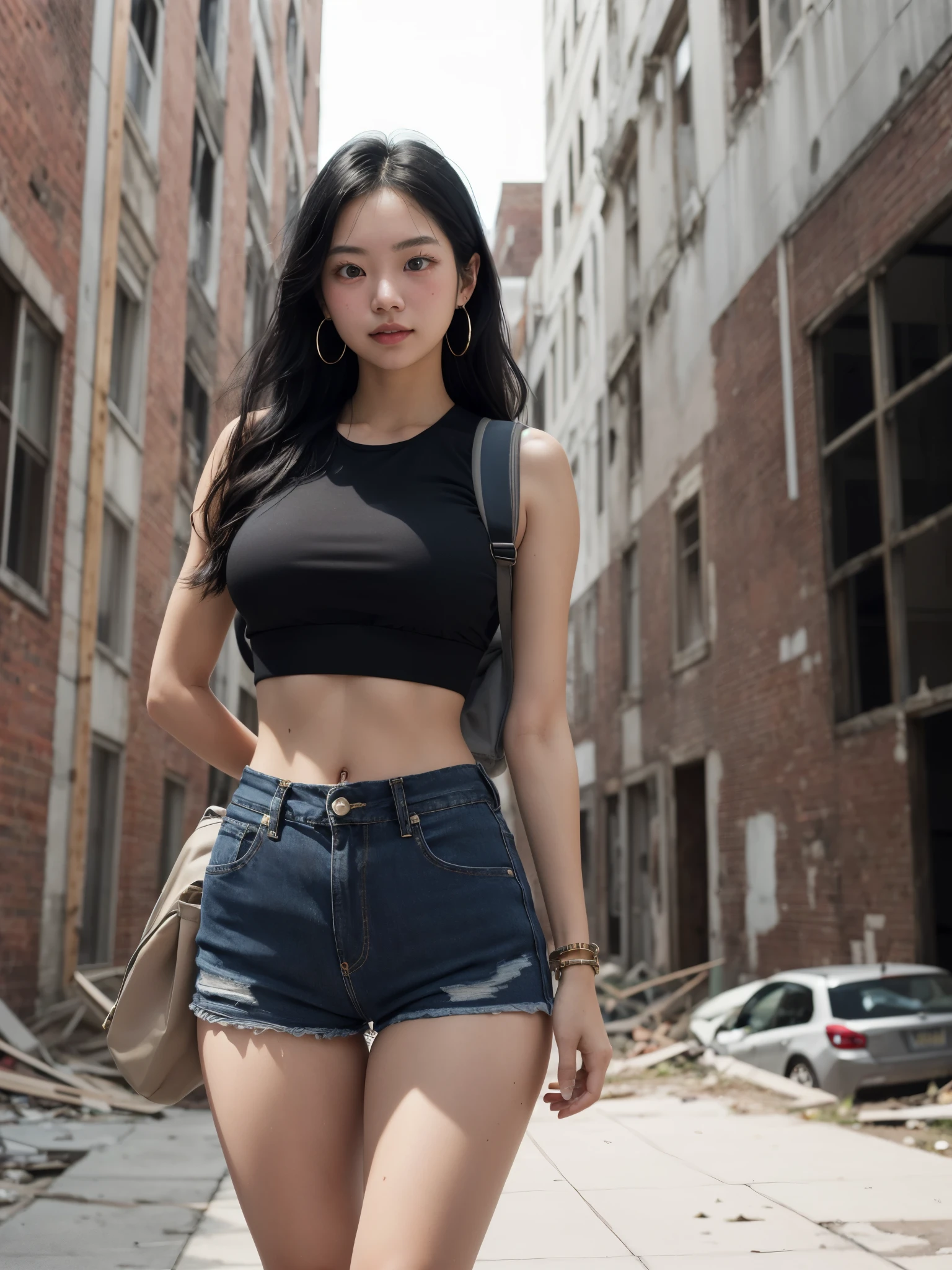 1girl, (20yo), (asian:hispanic), warm olive skin undertone, large breast, brown eyes, thick eyelashes, straigh long black hair, 
crop top, high waisted worn short shorts jeans, backpack, scarf, hoop earring, inside abandoned building, 