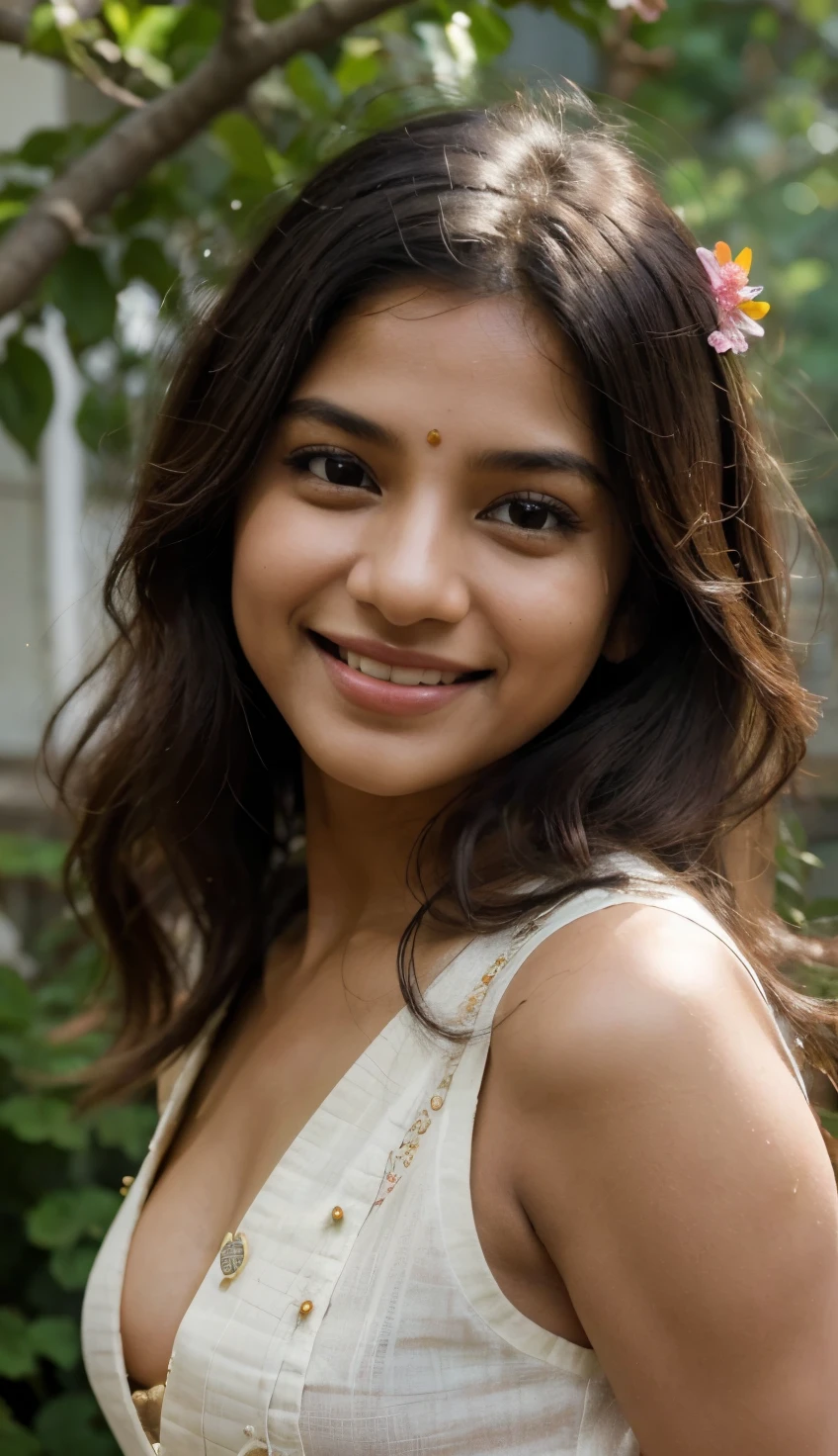 A beautiful Indian girl cute smile (best quality,highres,realistic:1.37),beautiful Indian girl,cute smile,outing,soft lighting,detailed eyes,lush green garden,natural beauty,vibrant Gujarat colors,traditional clothing,long flowing hair,sunshine filtering through trees,nature backdrop,subtle shadows,photorealistic rendering,playful expression,joyful atmosphere,fun-filled day,harmonious surroundings,blooming flowers,endearing charm,serene atmosphere,gentle breeze,happiness radiating,peaceful ambiance,delicate features,expressive face,cheerful disposition,colorful atmosphere,ethereal beauty,graceful pose,memorable moment,fond memories,positive vibes. A beautiful Indian girl cute smile 