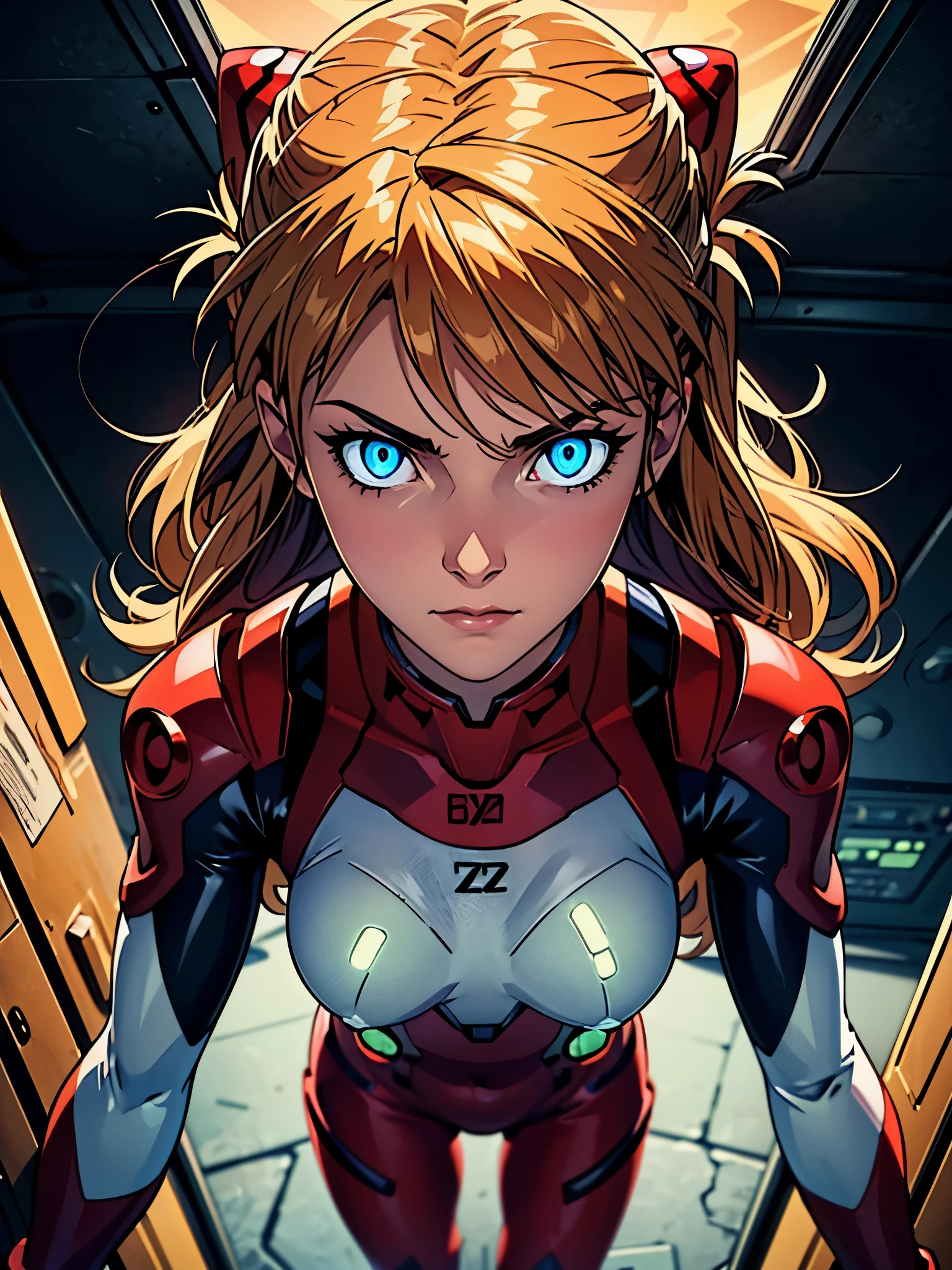 (Overhead view),dynamic angle,ultra-detailed, illustration, close-up, straight on, 1girl, 
 ((souryuu asuka langley, interface headset, red bodysuit:1.4, blonde)),Her eyes shone like dreamy stars,(glowing eyes:1.233),(beautiful and detailed eyes:1.1),(expressionless,closed mouth),(standing), 
(mechanic room with toolsand spaceship windowin a white SPACESHIP),
(night:1.2),dreamy, [[delicate fingers and hands:0.55]::0.85],(detail fingers),